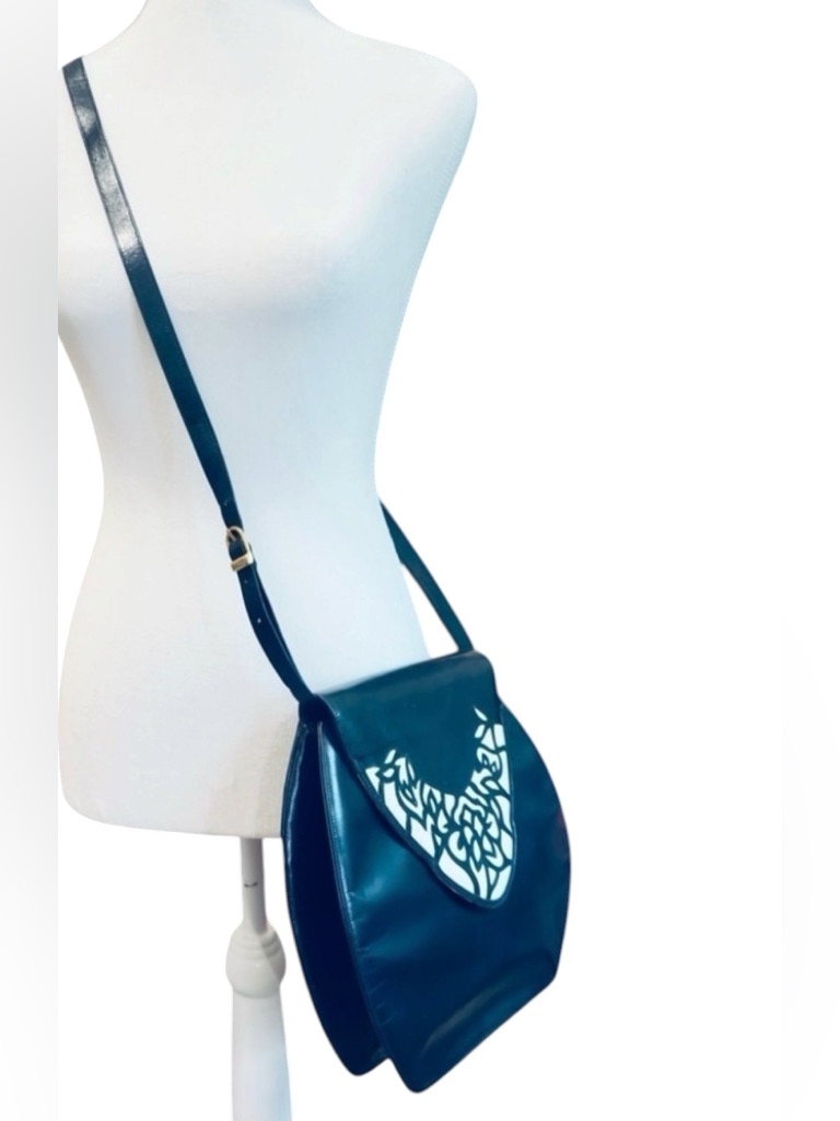 Vintage Bally Crossbody Bag With B/W Floral Cut Out,Patent Leather